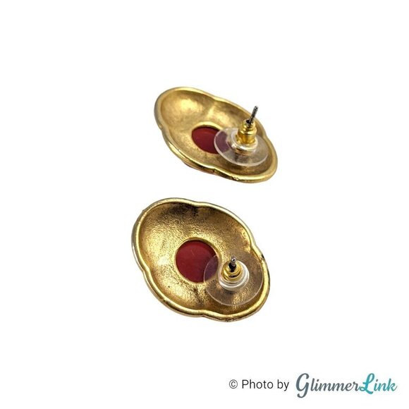 Vintage Zig Zag Faux Carnelian Oval Gold Tone Pierced Earrings - Picture 6 of 9